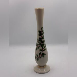 Lenox Bud Vase 7" Holly Berry Motif Christmas Gold Trim Made in USA Elegant